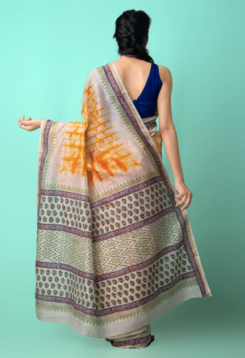 Online Shopping for Ivory Pure Shibori Chanderi Sico Saree with Hand Block Prints from Madhya Pradesh at Unnatisilks.comIndia
