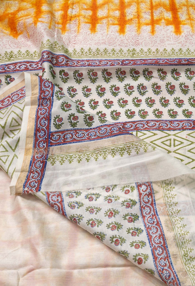 Online Shopping for Ivory Pure Shibori Chanderi Sico Saree with Hand Block Prints from Madhya Pradesh at Unnatisilks.comIndia
