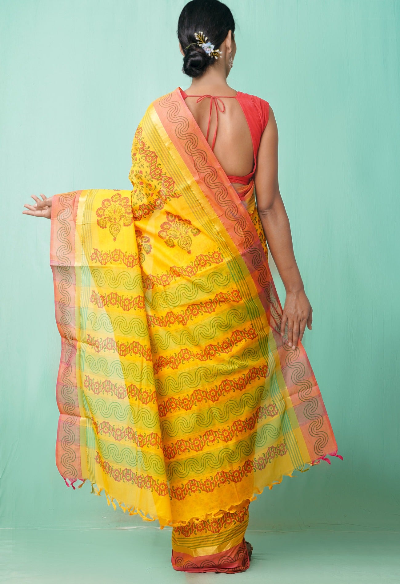 Online Shopping for Orange Pure Vrinda Mangalagiri Cotton Saree with Hand Block Prints from Madhya Pradesh at Unnatisilks.comIndia
