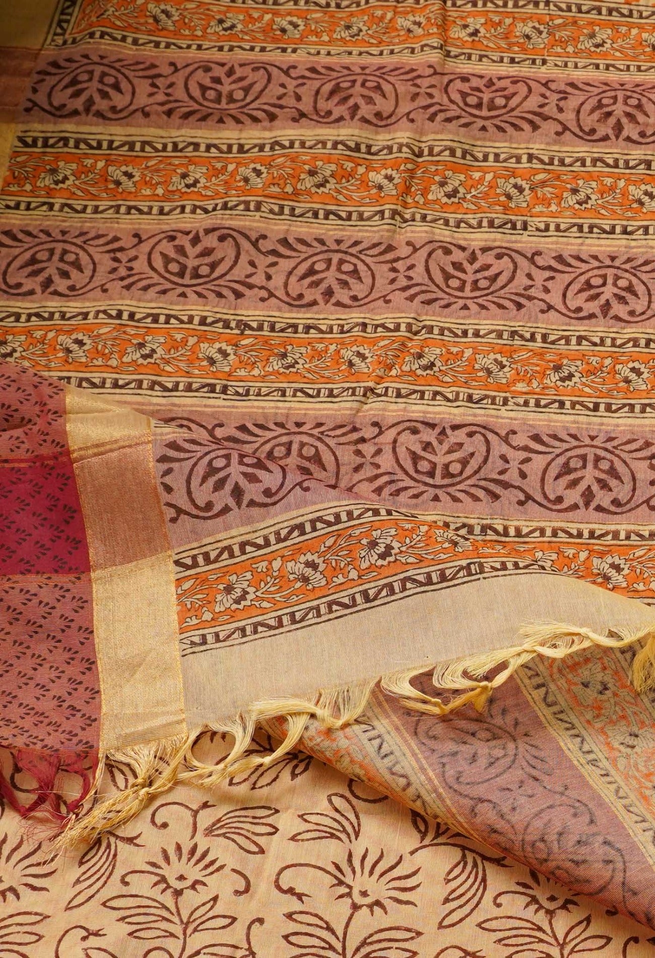 Online Shopping for Brown Pure Vrinda Mangalagiri Cotton Saree with Hand Block Prints from Madhya Pradesh at Unnatisilks.comIndia
