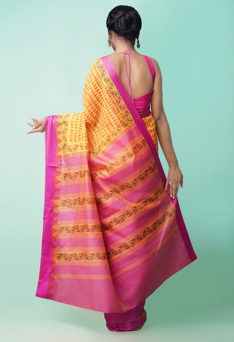 Online Shopping for Yellow  Vrinda Chanderi Sico Saree with Hand Block Prints from Madhya Pradesh at Unnatisilks.comIndia
