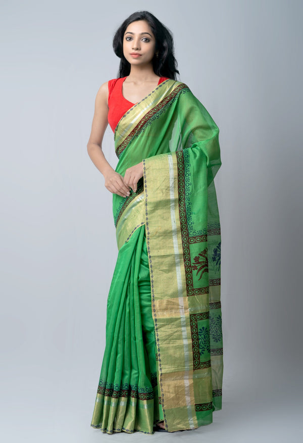 Green  Block Printed Chanderi Sico Saree-UNM59512