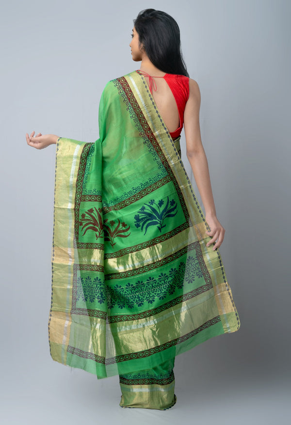 Online Shopping for Green  Block Printed Chanderi Sico Saree with Weaving from Tamil Nadu at Unnatisilks.comIndia
