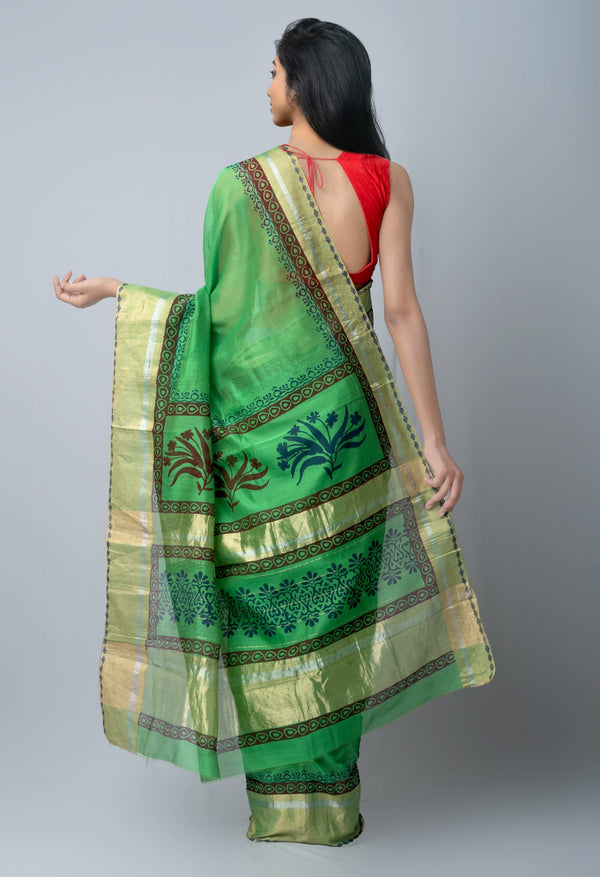Online Shopping for Green  Block Printed Chanderi Sico Saree with Weaving from Tamil Nadu at Unnatisilks.comIndia
