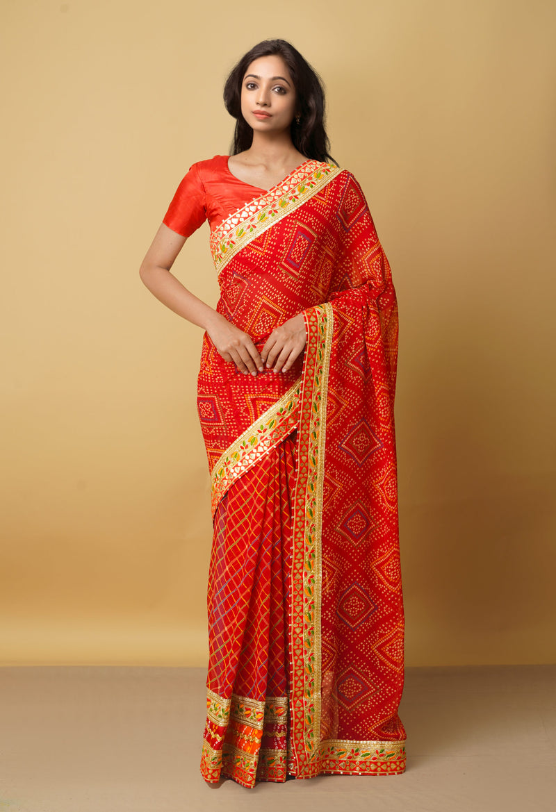 Red  Gota Patti Bandhani Chiffon Saree