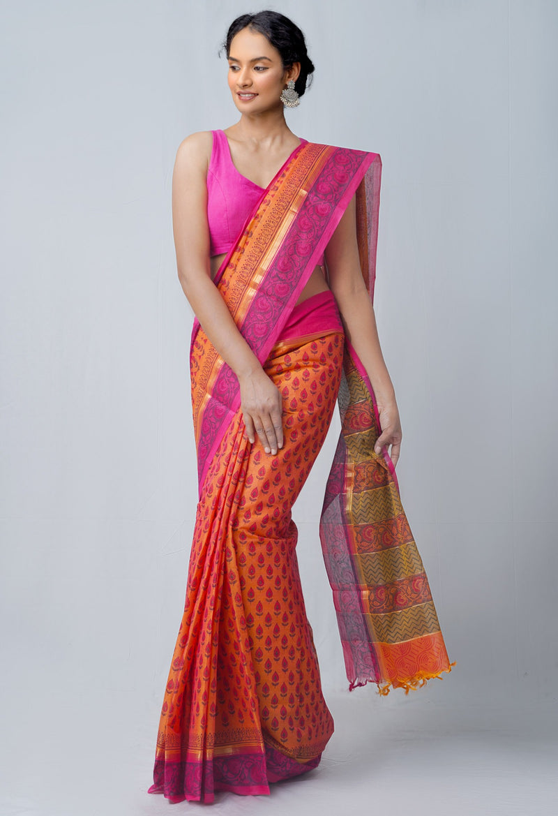 Orange Pure Hand Block Printed Mangalagiri Cotton Saree