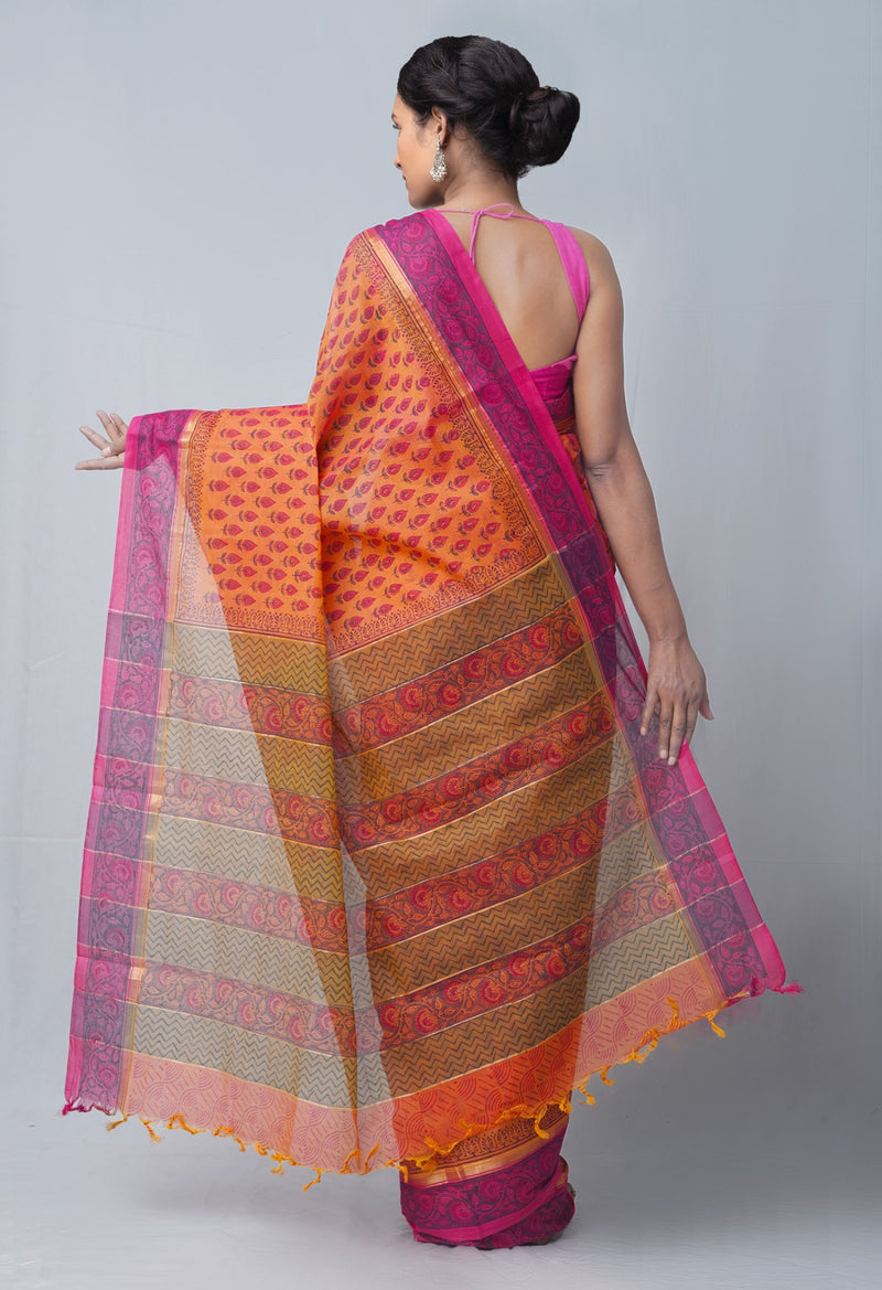 Online Shopping for Orange Pure Hand Block Printed Mangalagiri Cotton Saree with Embroidery from Andhra Pradesh at Unnatisilks.comIndia
