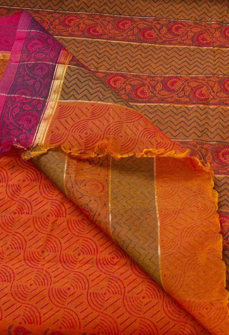 Orange Pure Hand Block Printed Mangalagiri Cotton Saree