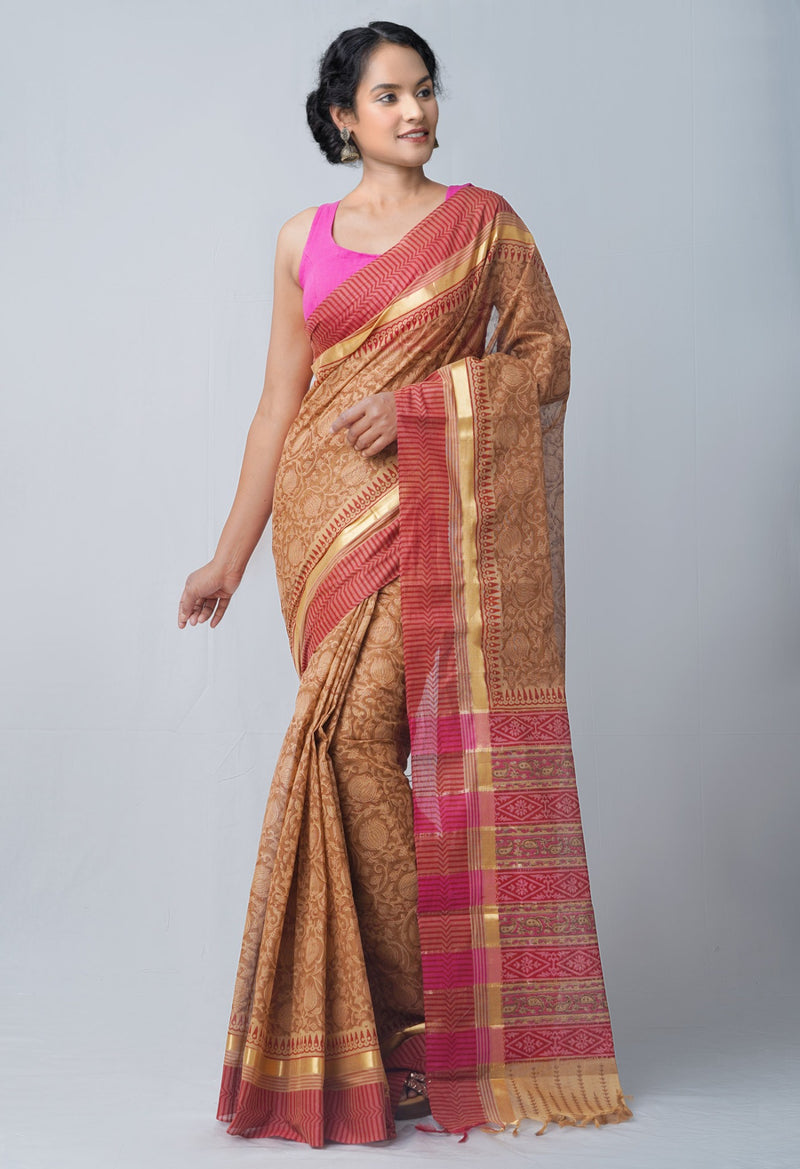 Brown Pure Hand Block Printed Mangalagiri Cotton Saree