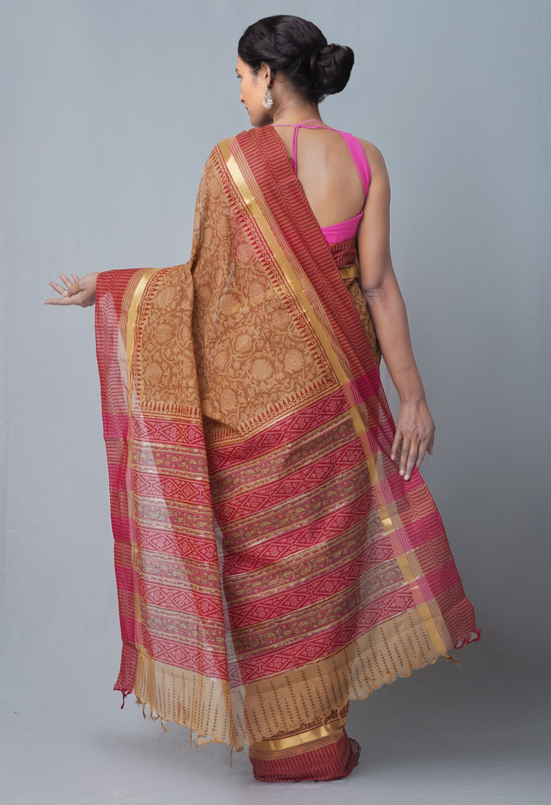 Online Shopping for Brown Pure Hand Block Printed Mangalagiri Cotton Saree with Hand Block Prints from Andhra Pradesh at Unnatisilks.comIndia

