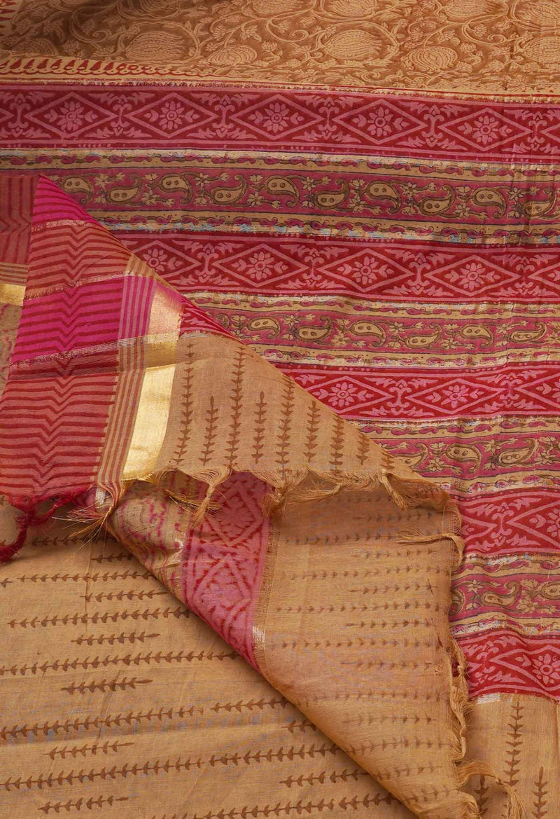 Online Shopping for Brown Pure Hand Block Printed Mangalagiri Cotton Saree with Hand Block Prints from Andhra Pradesh at Unnatisilks.comIndia
