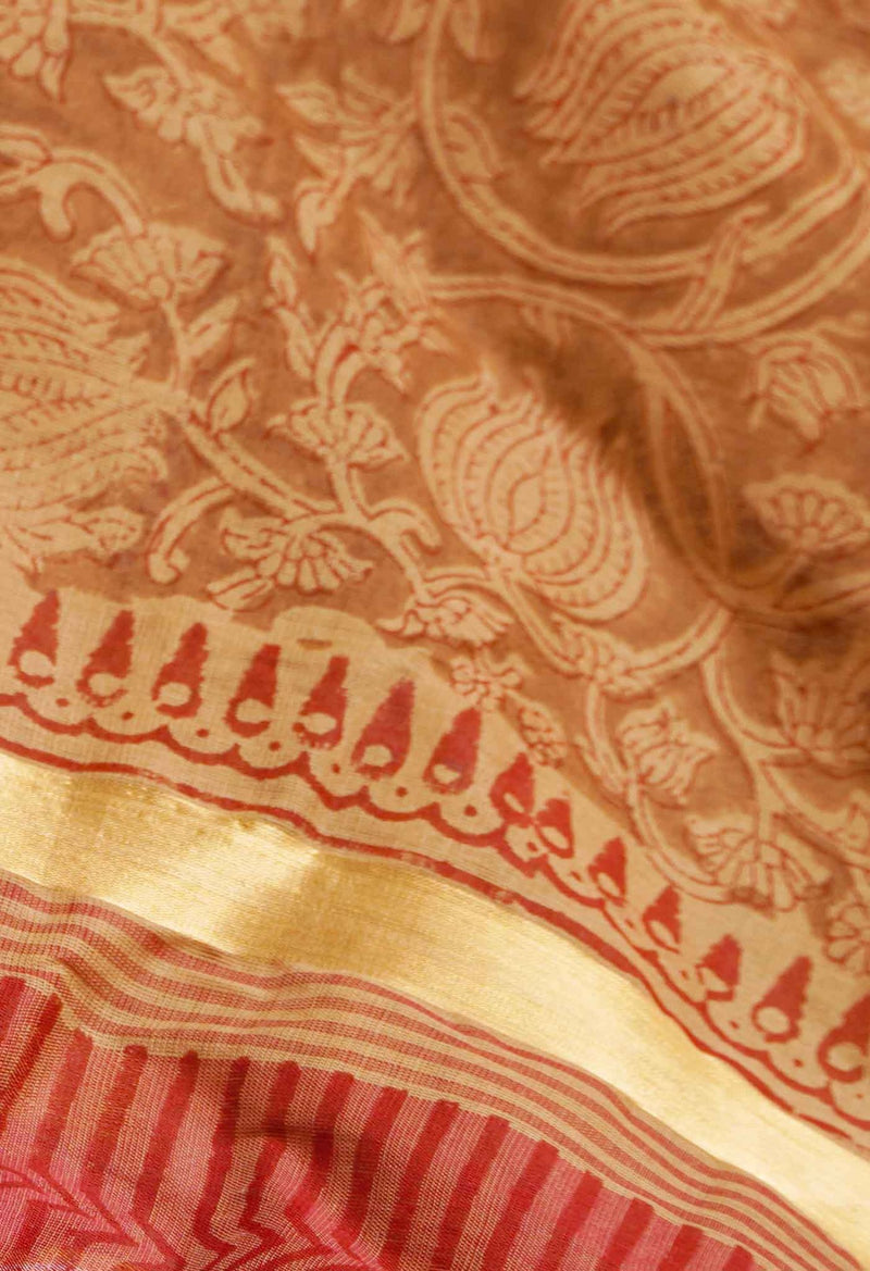 Brown Pure Hand Block Printed Mangalagiri Cotton Saree