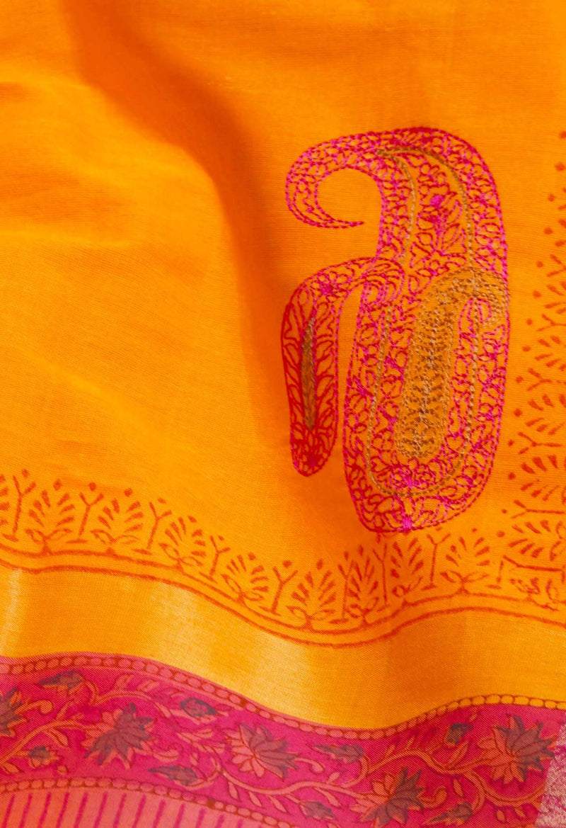 Orange Pure Embroidered Mangalagiri Cotton Saree
