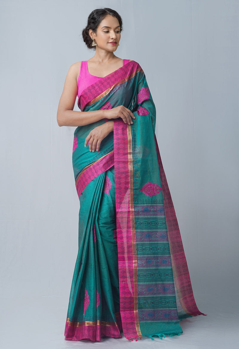 Online Shopping for Green Pure Embroidered Mangalagiri Cotton Saree with Hand Block Prints|Embroidery from Andhra Pradesh at Unnatisilks.comIndia
