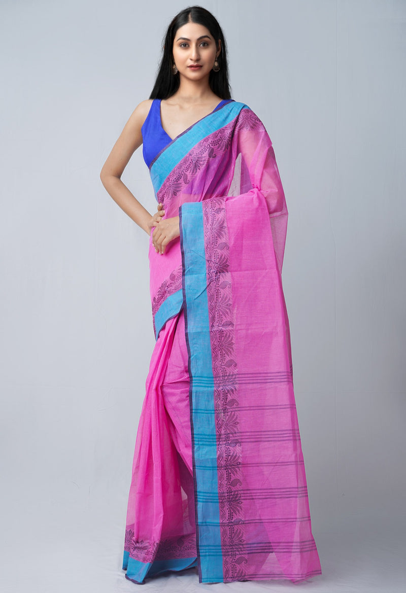 Online Shopping for Pink Pure Handloom Bengal Tant Cotton Saree with Weaving from West Bengal at Unnatisilks.comIndia
