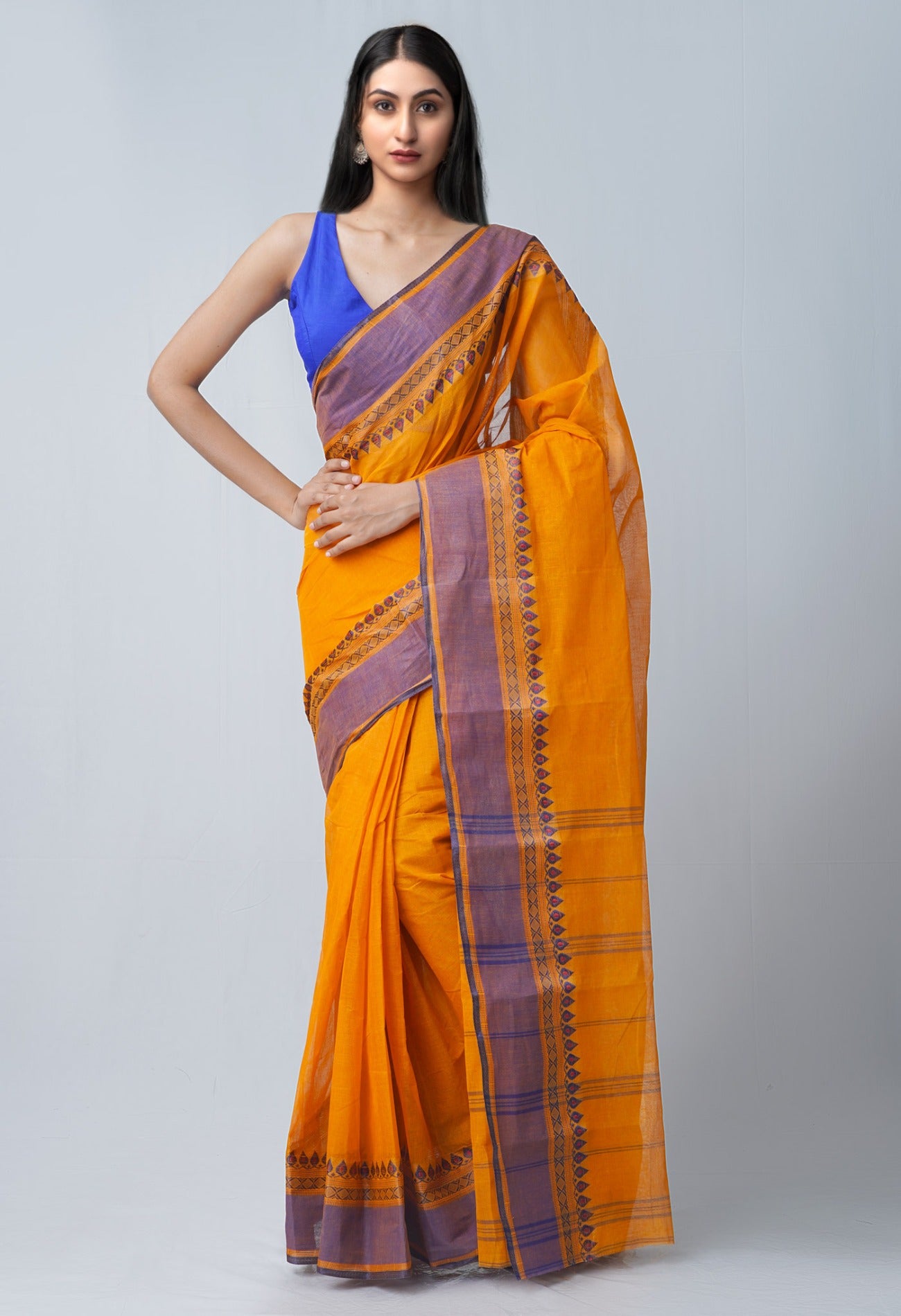 Online Shopping for Orange Pure Handloom Bengal Tant Cotton Saree with Weaving from West Bengal at Unnatisilks.comIndia

