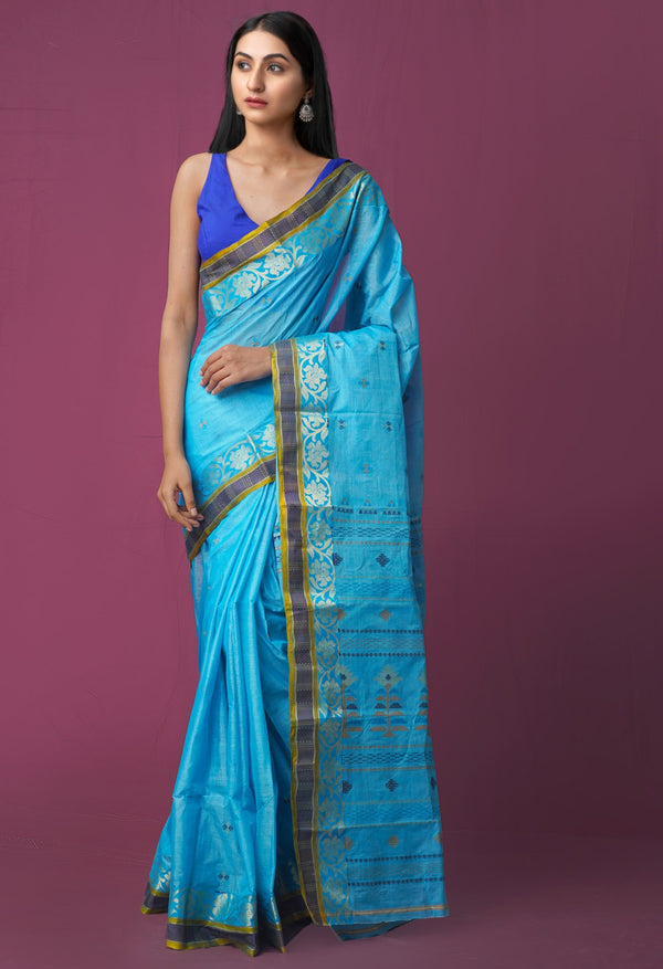 Blue Pure Handloom Bengal Silk Saree with Dhakai Jamdhani