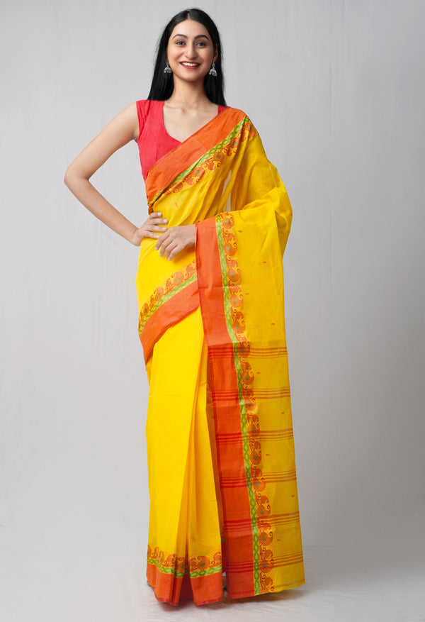 Online Shopping for Yellow Pure Handloom Bengal Tant Cotton Saree with Weaving from West Bengal at Unnatisilks.comIndia
