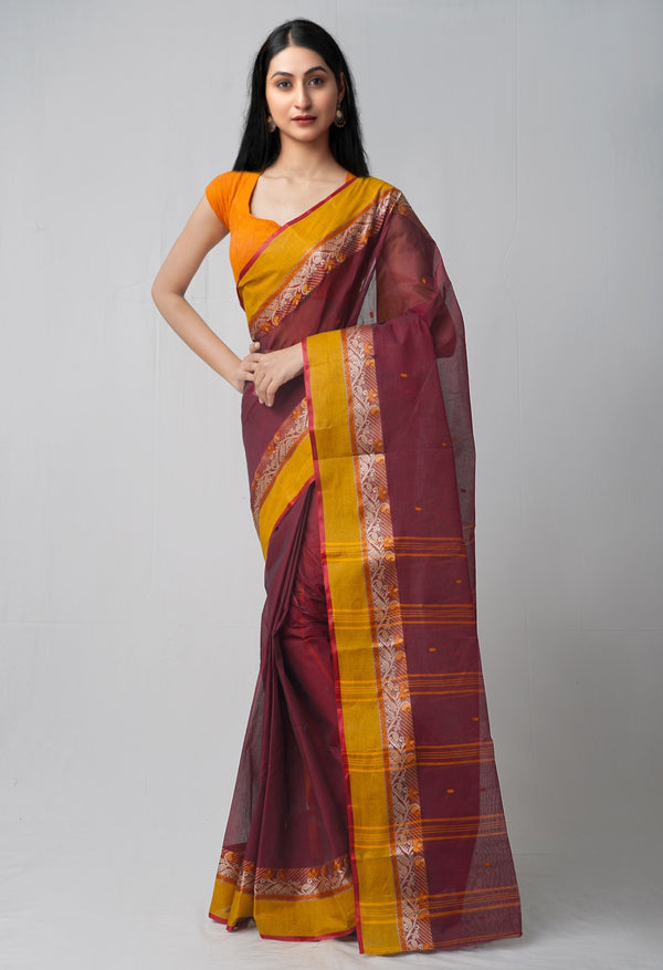 Online Shopping for Maroon Pure Handloom Bengal Tant Cotton Saree with Weaving from West Bengal at Unnatisilks.comIndia
