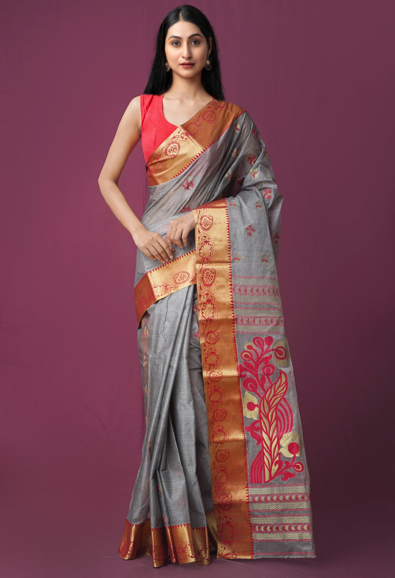 Grey Pure Handloom Bengal Tant Cotton Saree