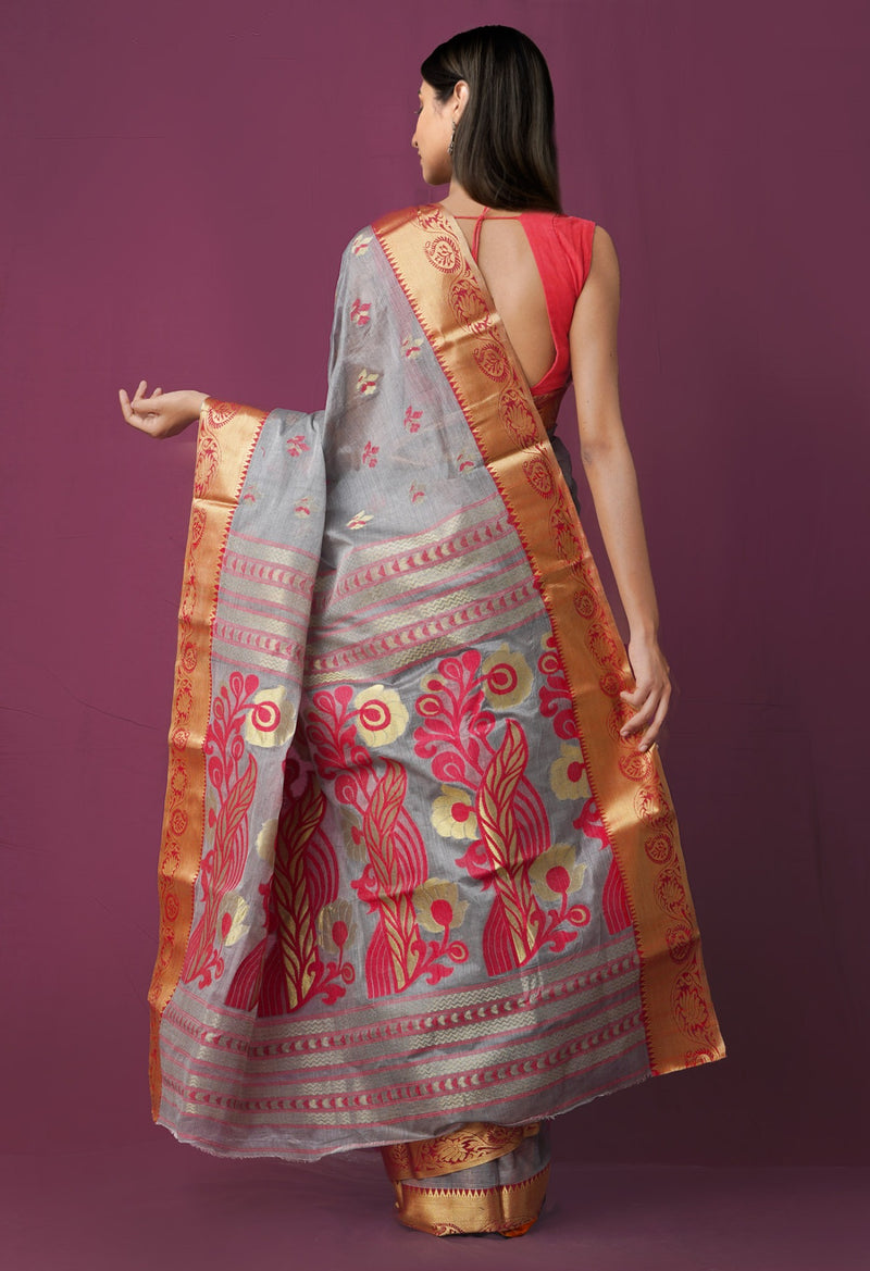 Online Shopping for Grey Pure Handloom Bengal Tant Cotton Saree with Weaving from Rajasthan at Unnatisilks.comIndia
