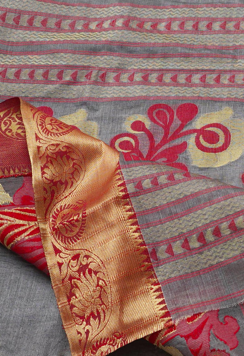 Grey Pure Handloom Bengal Tant Cotton Saree