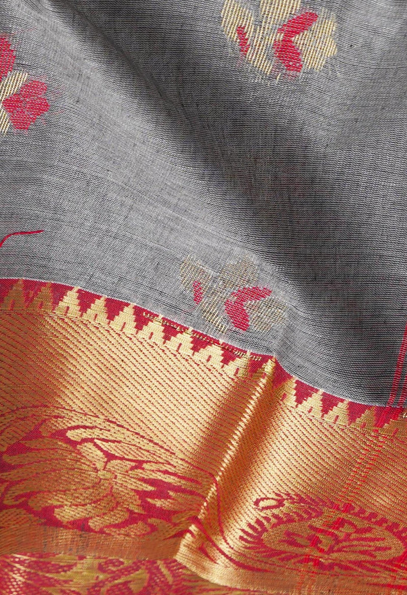 Online Shopping for Grey Pure Handloom Bengal Tant Cotton Saree with Weaving from Rajasthan at Unnatisilks.comIndia
