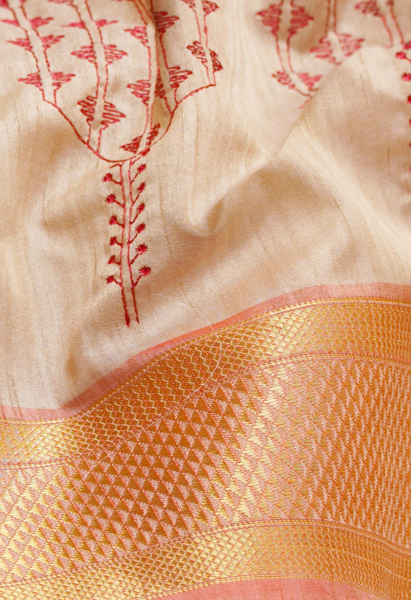 Brown  Maheshwari Jute Sico Saree with Cross Stitched Embroidery