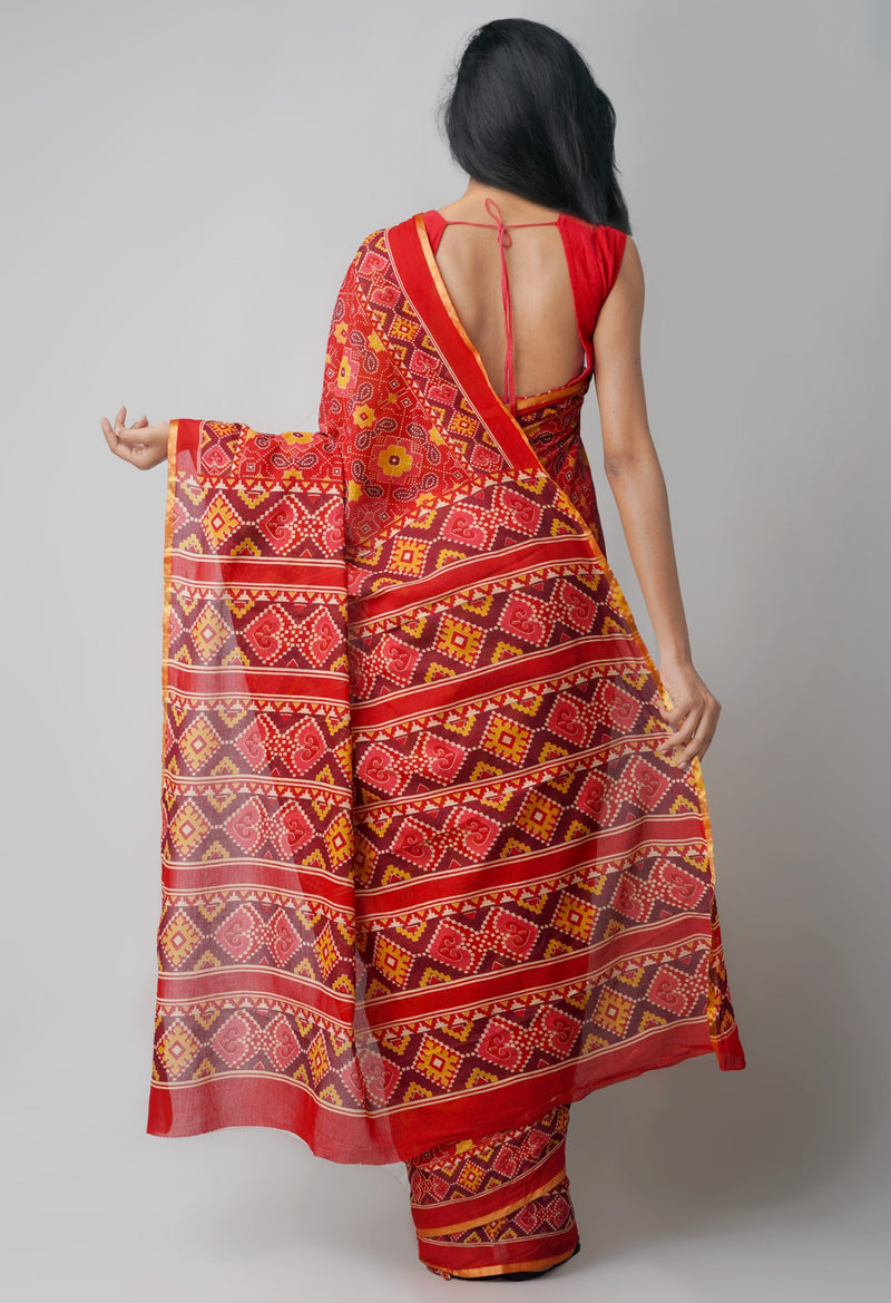 Online Shopping for Red Pure Patola Printed Mulmul Cotton Saree with Hand Block Prints from Rajasthan at Unnatisilks.comIndia
