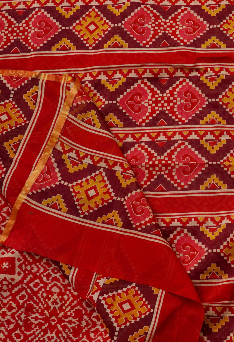 Online Shopping for Red Pure Patola Printed Mulmul Cotton Saree with Hand Block Prints from Rajasthan at Unnatisilks.comIndia
