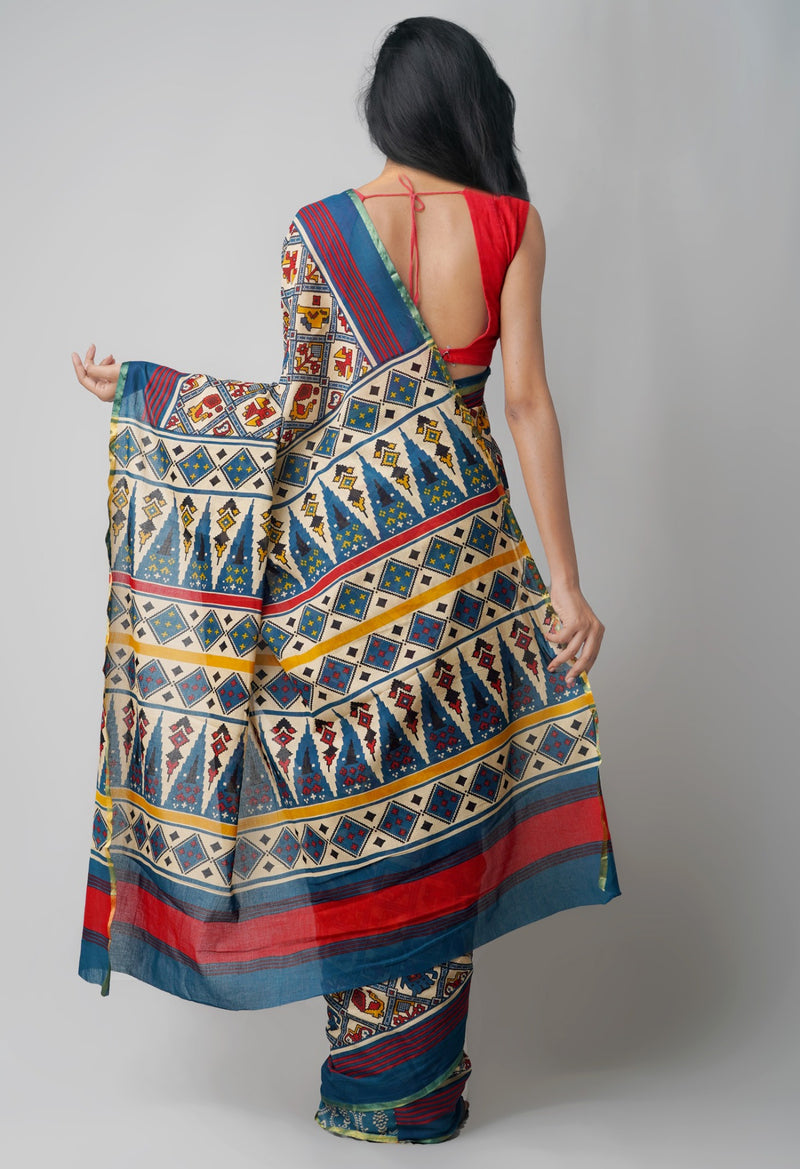 Online Shopping for Multi Pure Patola Printed Mulmul Cotton Saree with Hand Block Prints from Rajasthan at Unnatisilks.comIndia
