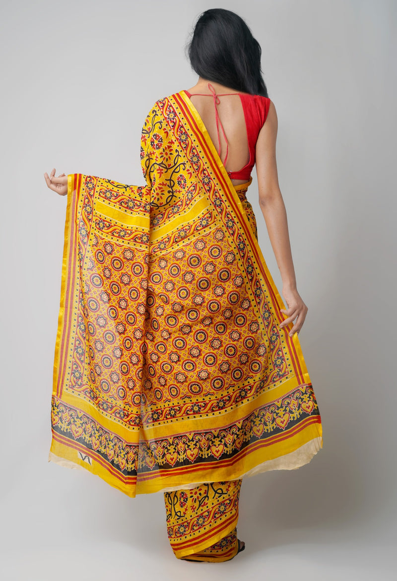 Online Shopping for Yellow Pure Patola Printed Mulmul Cotton Saree with Hand Block Prints from Rajasthan at Unnatisilks.comIndia
