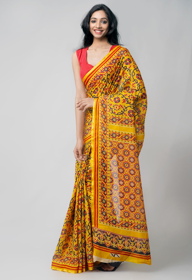 Yellow Pure Patola Printed Mulmul Cotton Saree-UNM59773