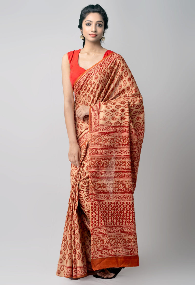 Brown Pure Block Printed Mulmul Cotton Saree