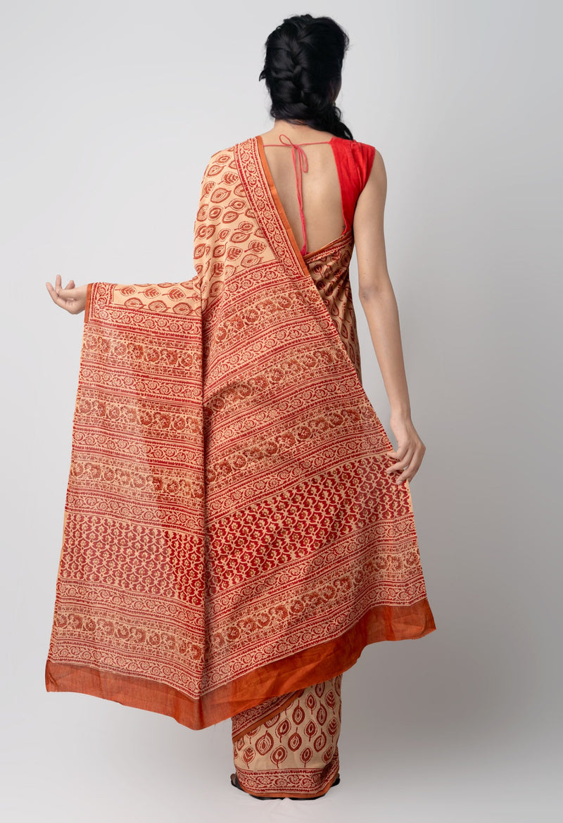 Online Shopping for Brown Pure Block Printed Mulmul Cotton Saree with Hand Block Prints from Rajasthan at Unnatisilks.comIndia
