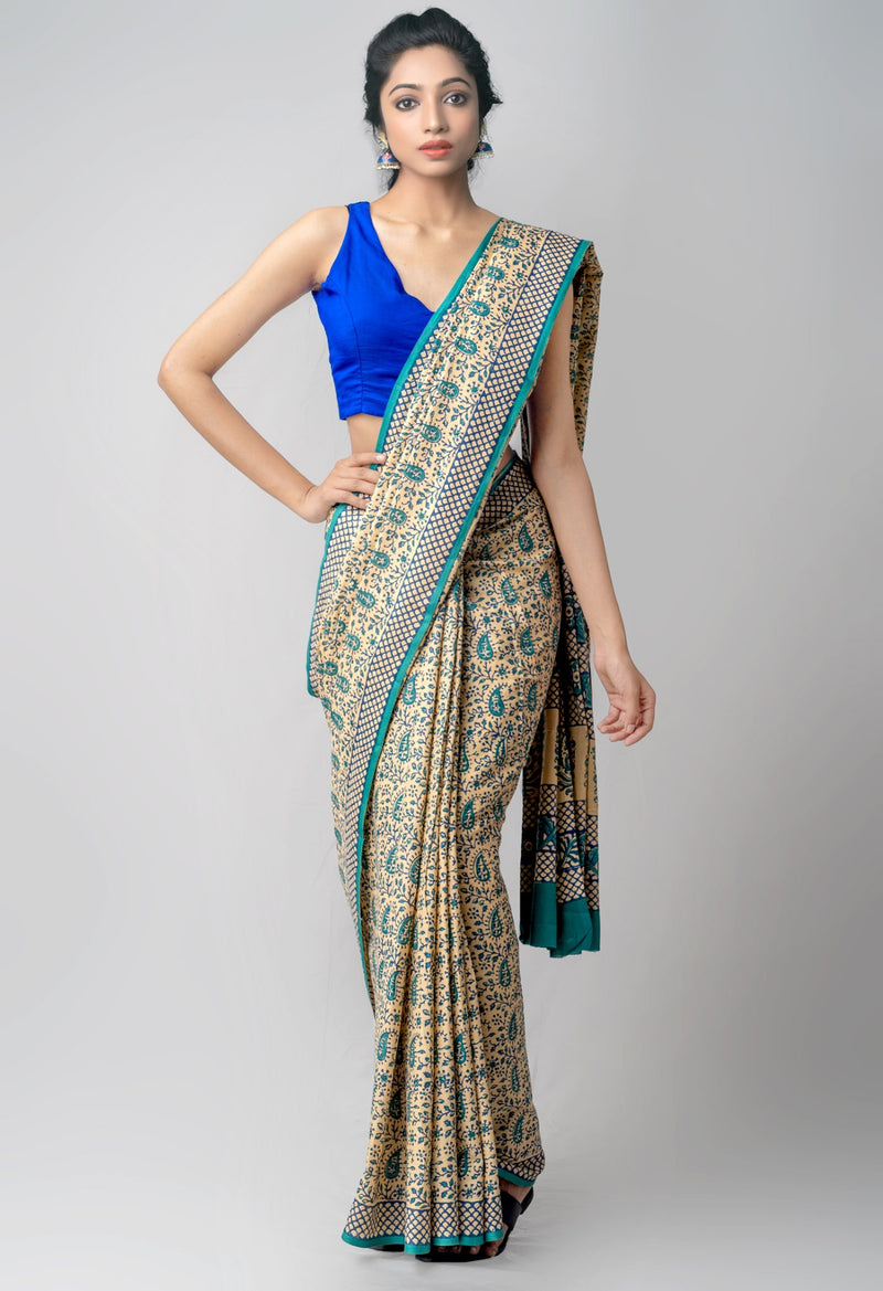 Brown Pure Block Printed Mulmul Cotton Saree