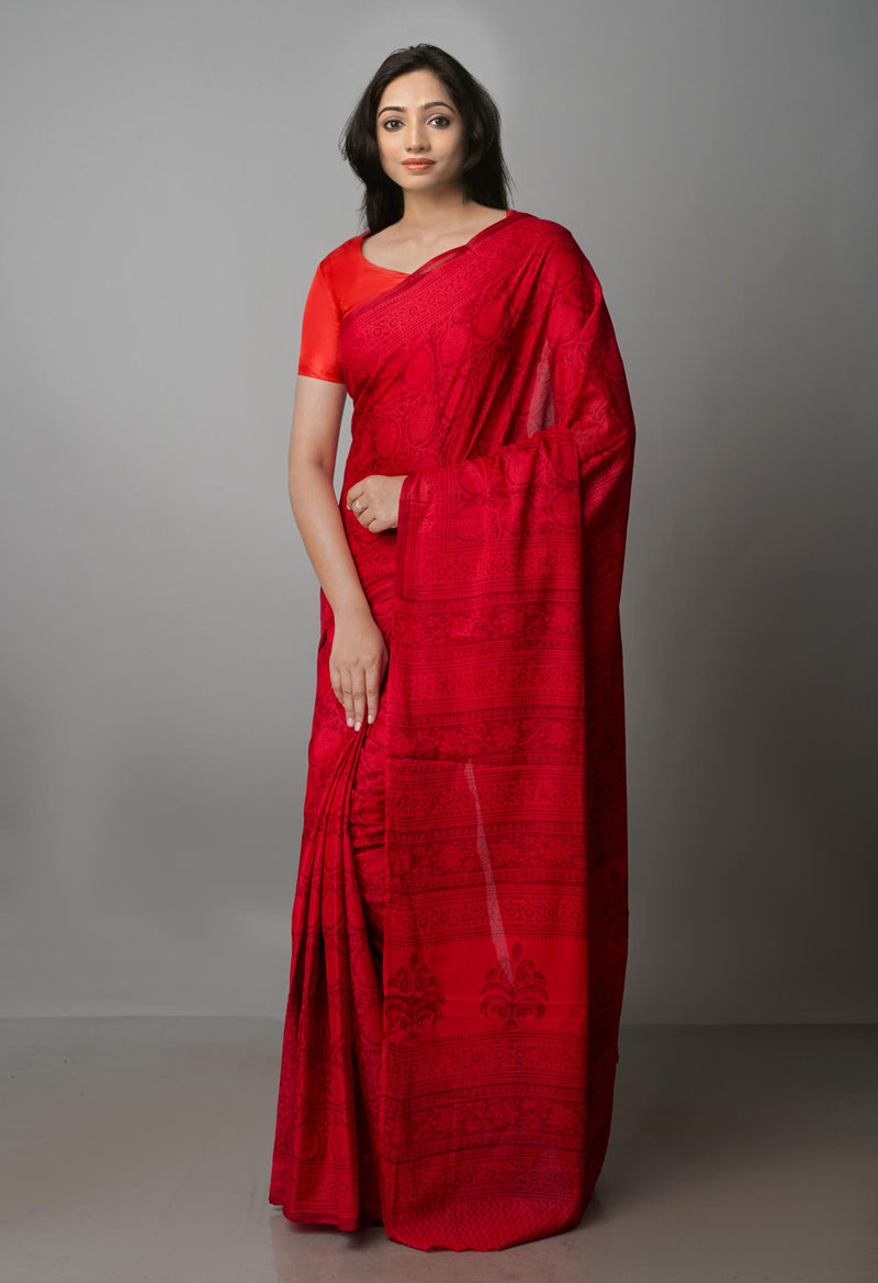 Red Pure Block Printed Mulmul Cotton Saree-UNM59791