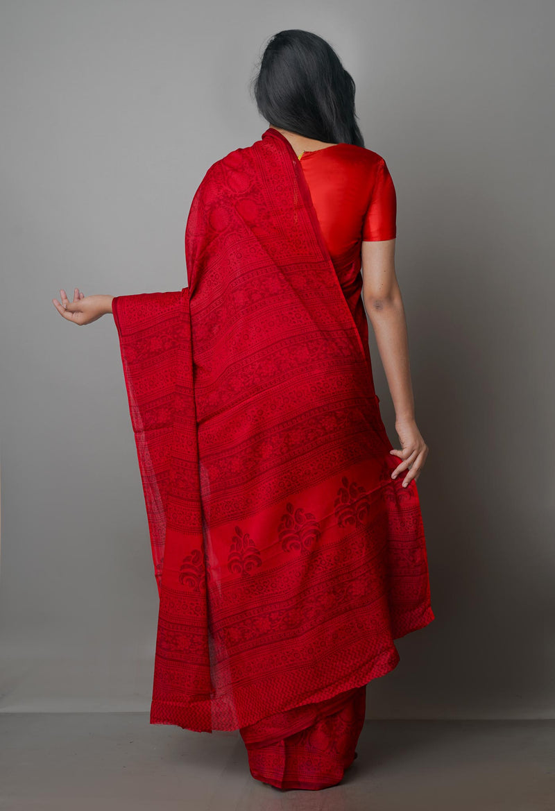 Red Pure Block Printed Mulmul Cotton Saree-UNM59791