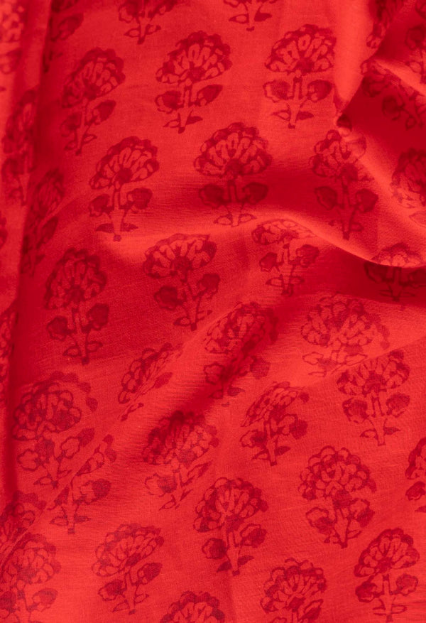 Red Pure Block Printed Mulmul Cotton Saree