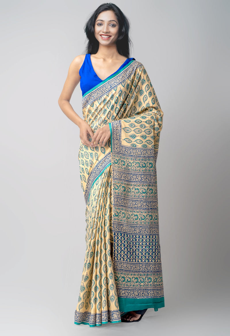 Brown Pure Block Printed Mulmul Cotton Saree