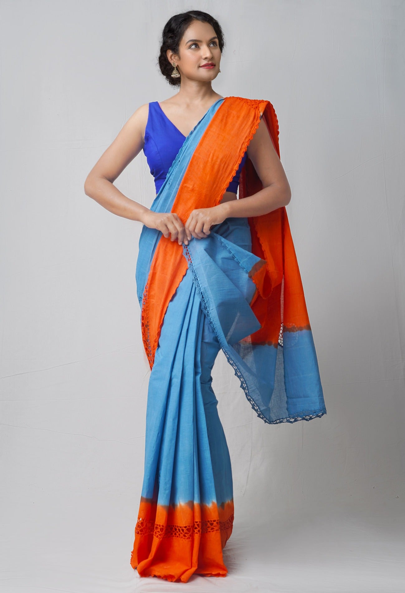 Blue Pure Mulmul Cotton Saree with Croation Embroidery