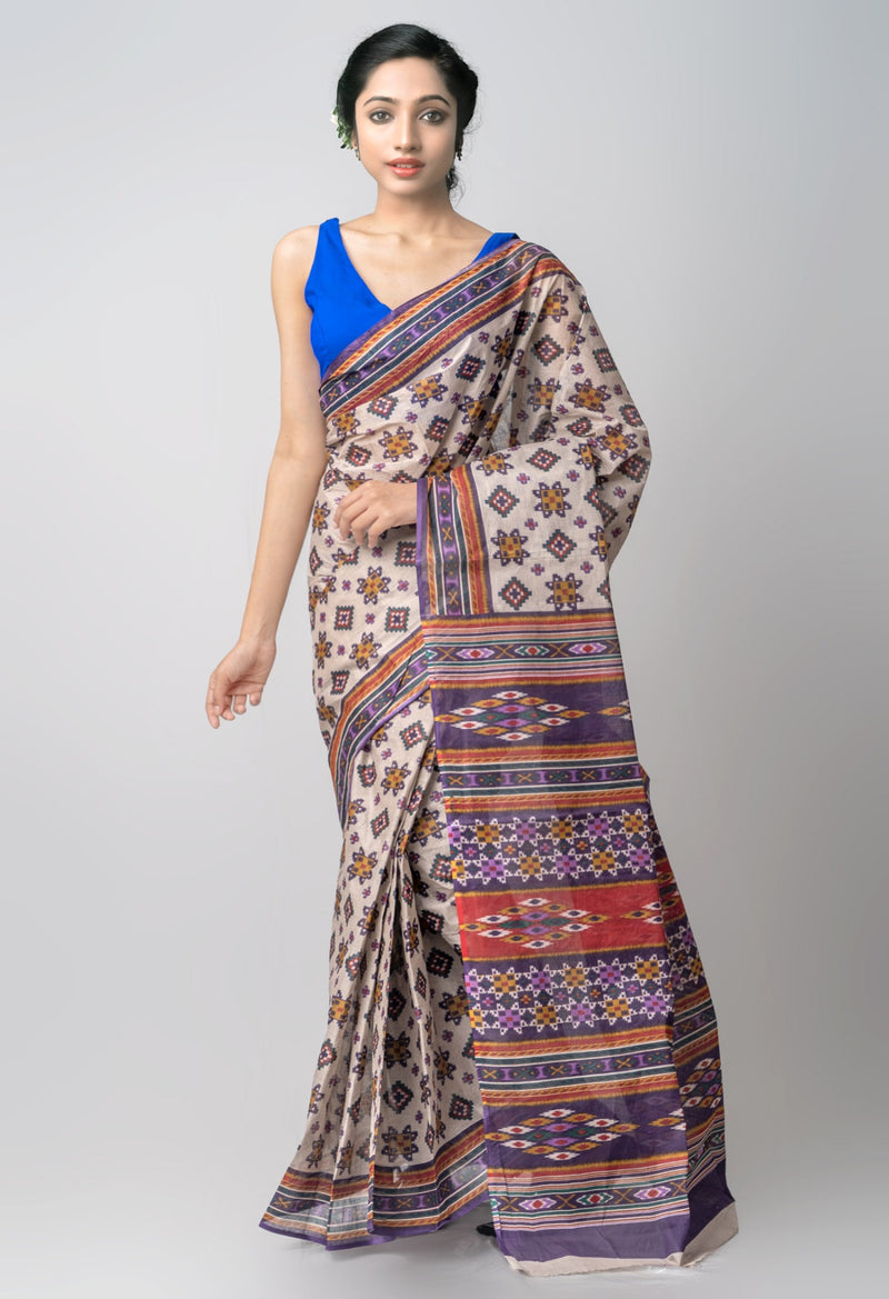Online Shopping for Beige Pure Krisha Cotton Saree with Hand Block Prints from Rajasthan at Unnatisilks.comIndia
