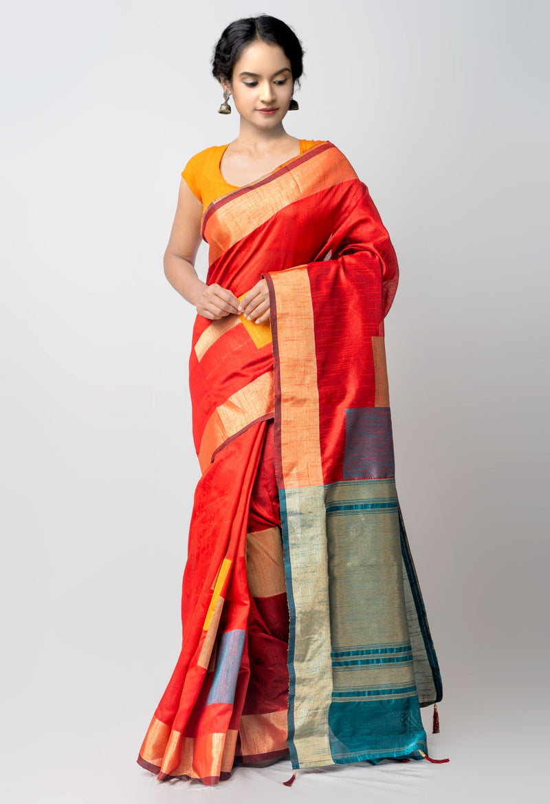 Online Shopping for Red  Kanjivaram Silk Cotton Saree with Weaving from Tamilnadu at Unnatisilks.comIndia
