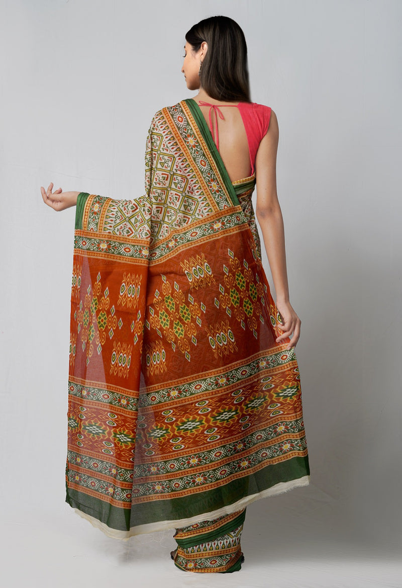 Online Shopping for Ivory Pure Krisha Cotton Saree with Hand Block Prints from Rajasthan at Unnatisilks.comIndia
