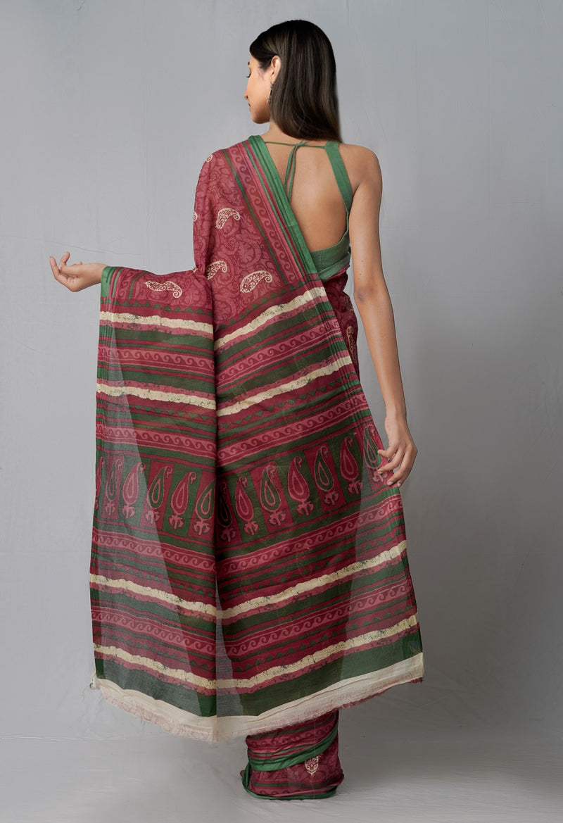 Online Shopping for Burgundy Pure Krisha Cotton Saree with Hand Block Prints from Rajasthan at Unnatisilks.comIndia
