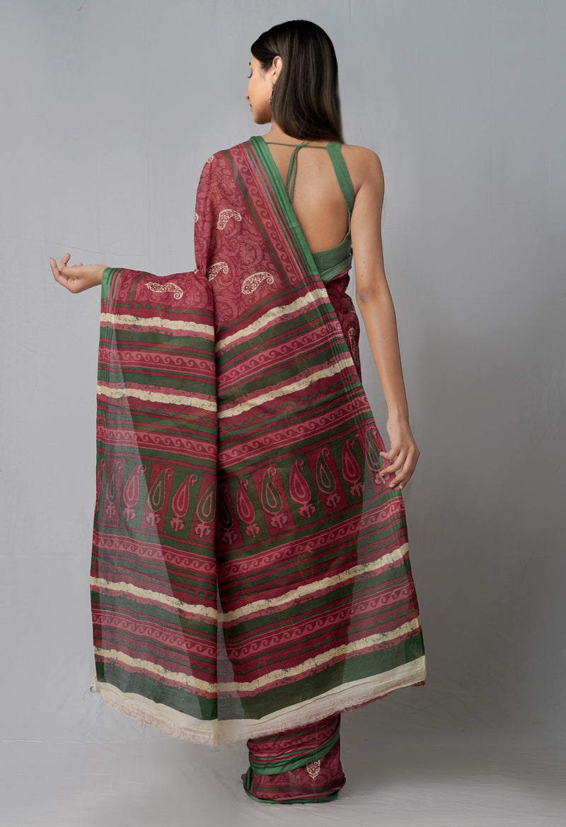 Online Shopping for Burgundy Pure Krisha Cotton Saree with Hand Block Prints from Rajasthan at Unnatisilks.comIndia
