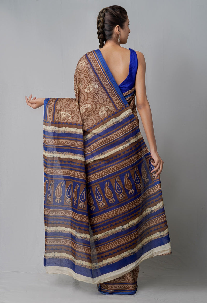 Online Shopping for Brown Pure Krisha Cotton Saree with Hand Block Prints from Rajasthan at Unnatisilks.comIndia
