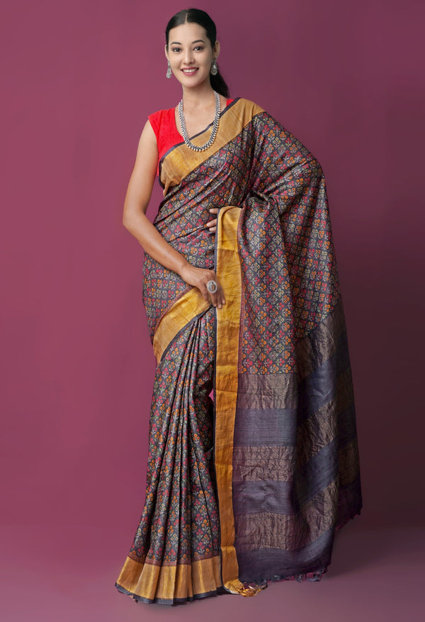 Online Shopping for Blue Pure Handloom Bengal Tussar Silk Saree with Hand Block Prints from West Bengal at Unnatisilks.comIndia
