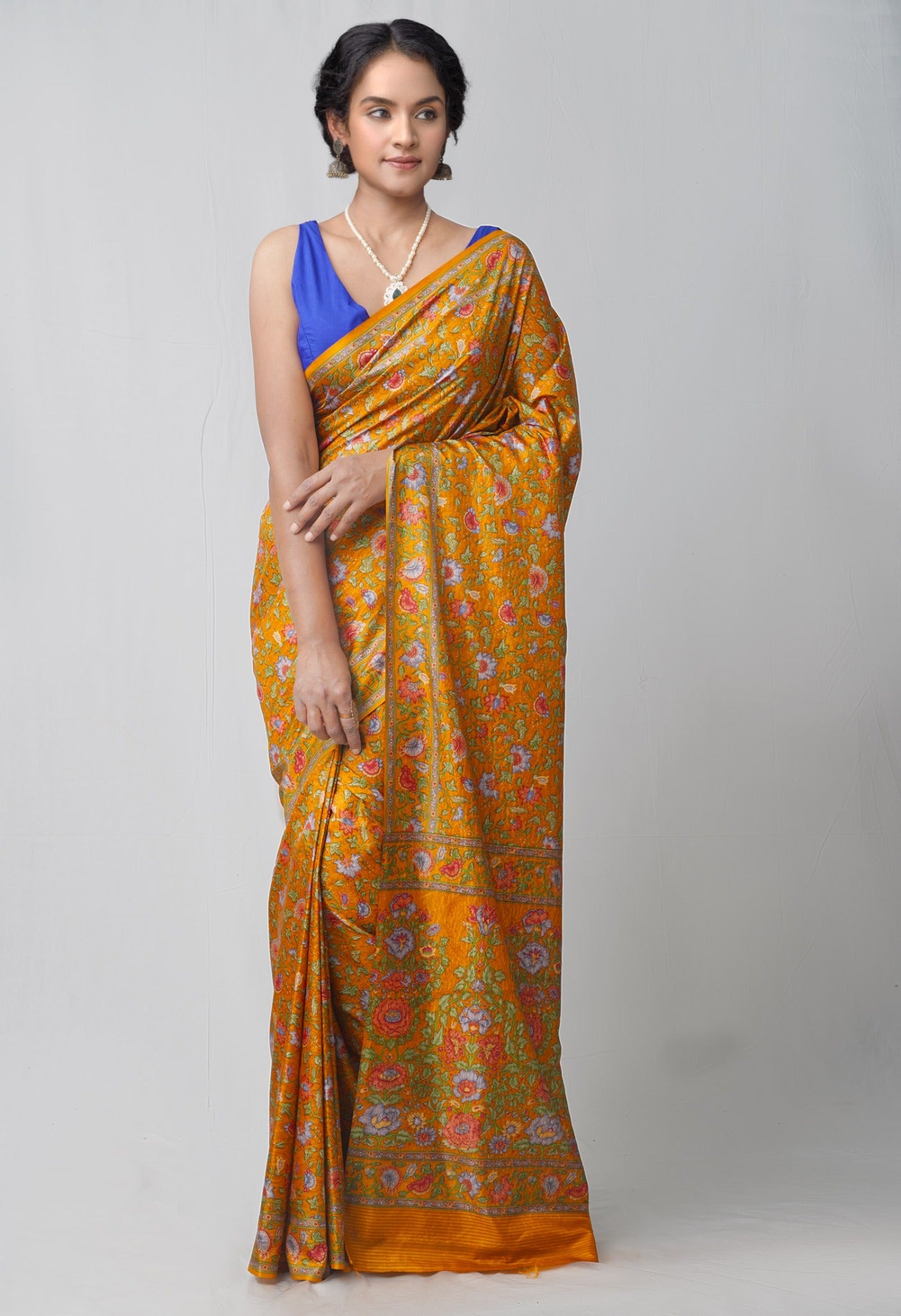 Yellow  Block Printed Mysore Soft Silk Saree