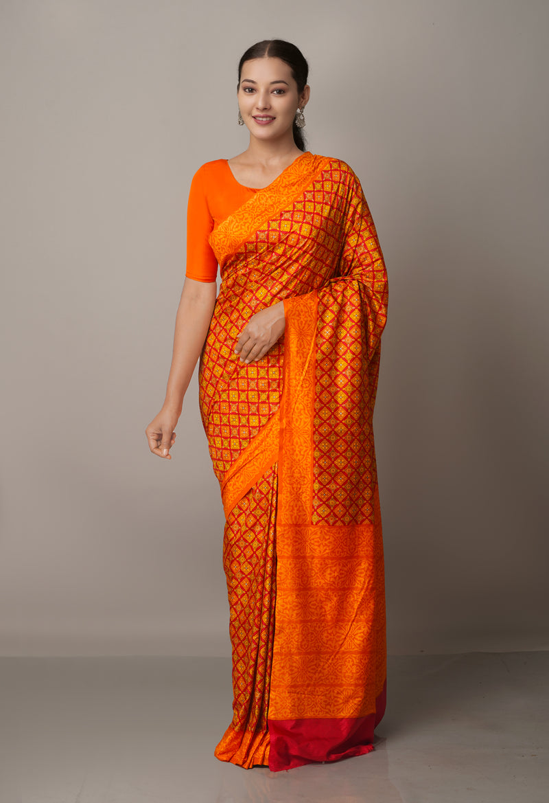 Red  Block Printed Mysore Soft Silk Saree